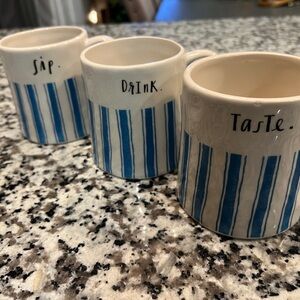 3 RAE DUNN ARTISAN BLUE WHITE STRIPED STEM LINE MUGS TASTE SIP DRINK